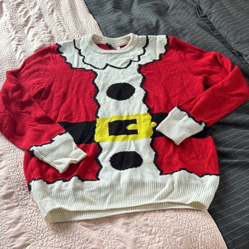 Divided Red Santa Sweater with White and Black Accents